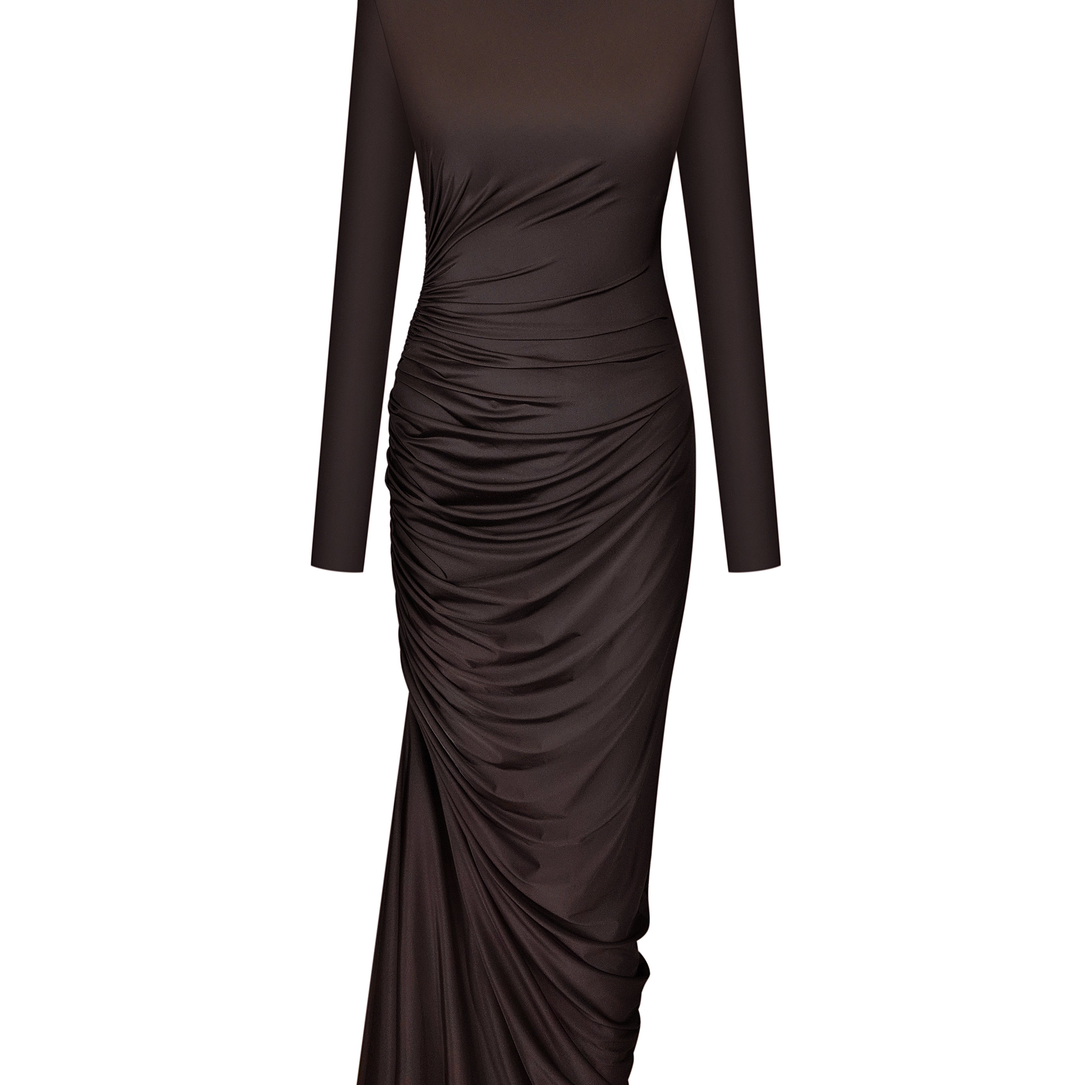 Сукня максі з драпіруванням та асиметричним шлейфом