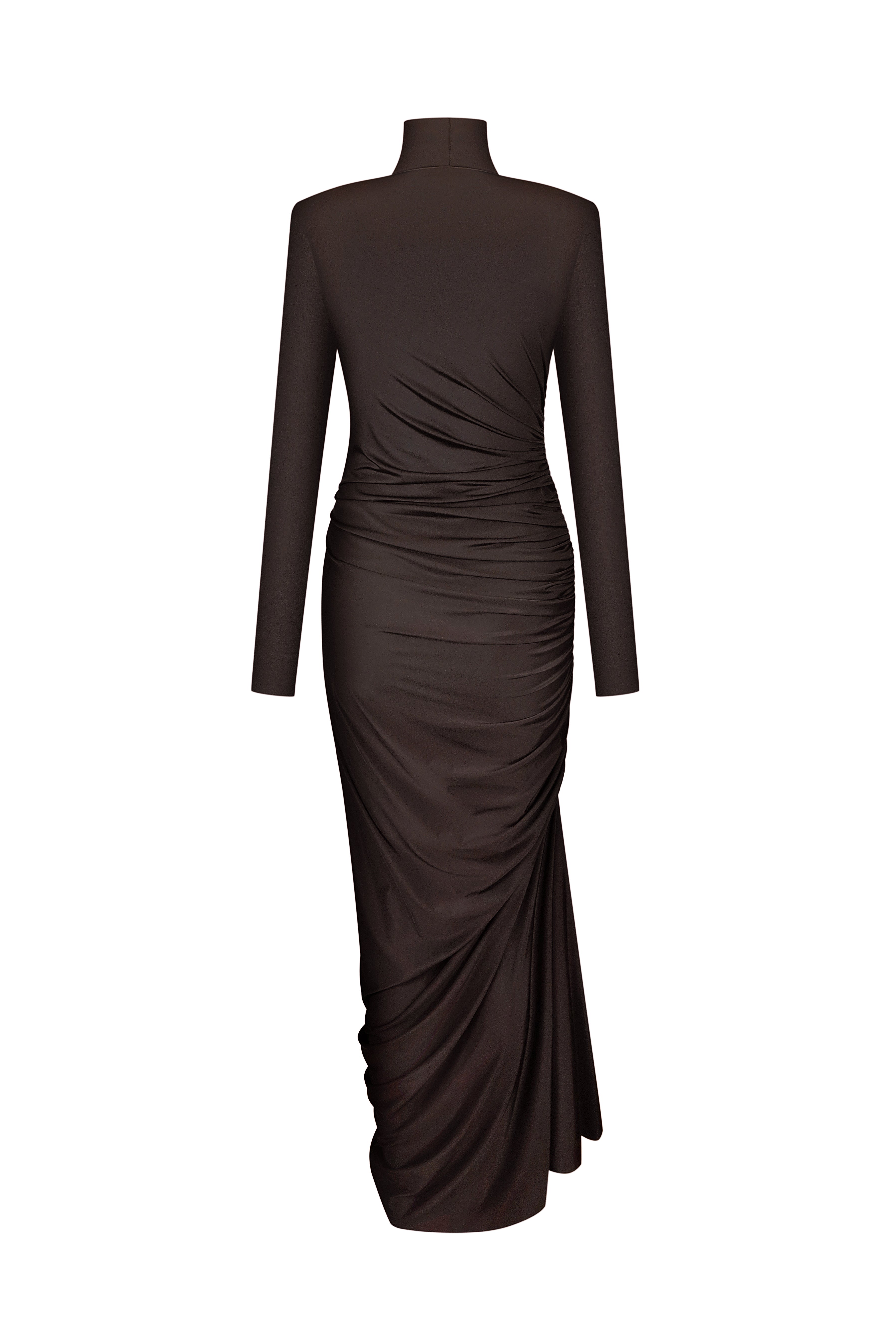 Сукня максі з драпіруванням та асиметричним шлейфом