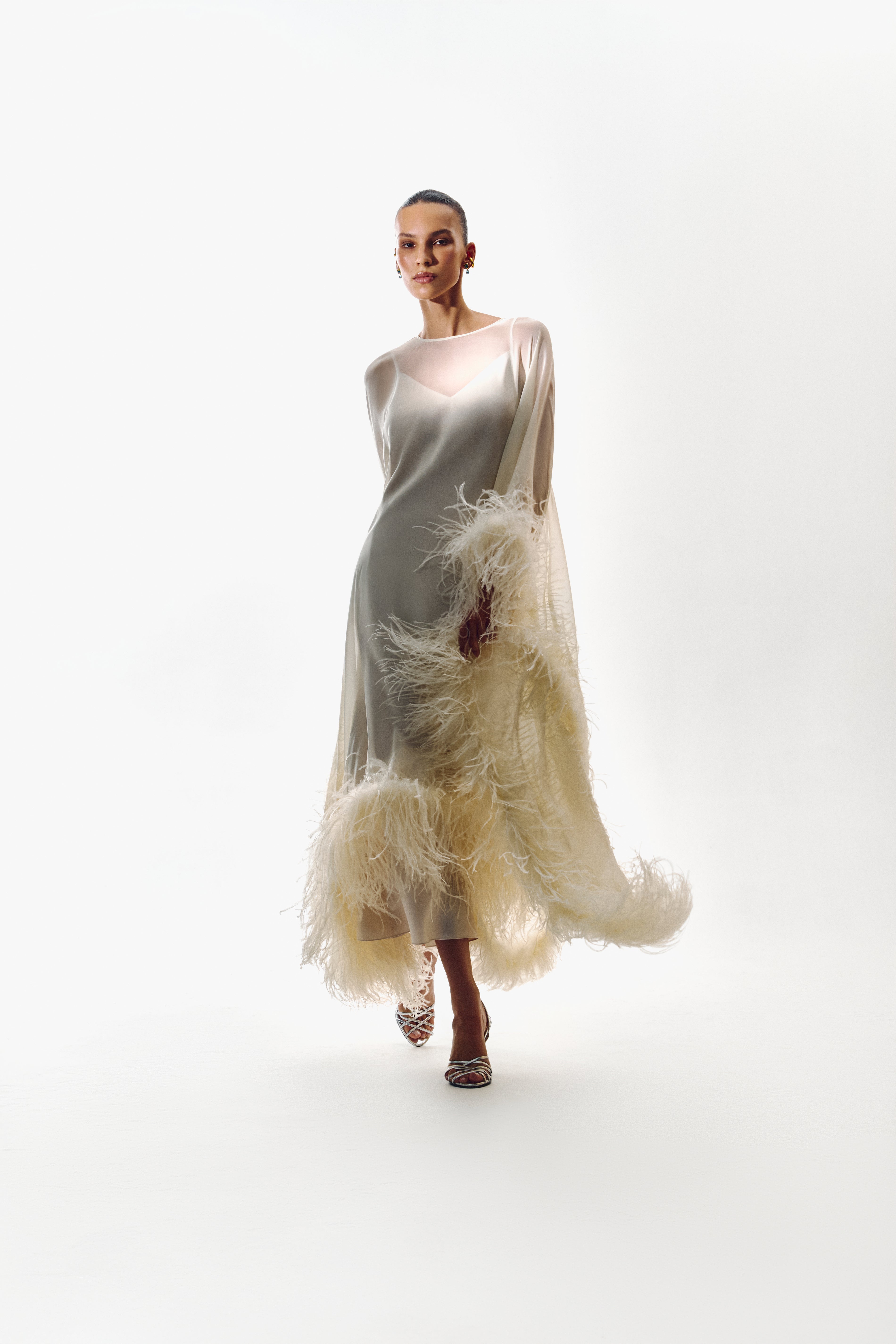 Silk Dress with Feather-Trimmed Cape
